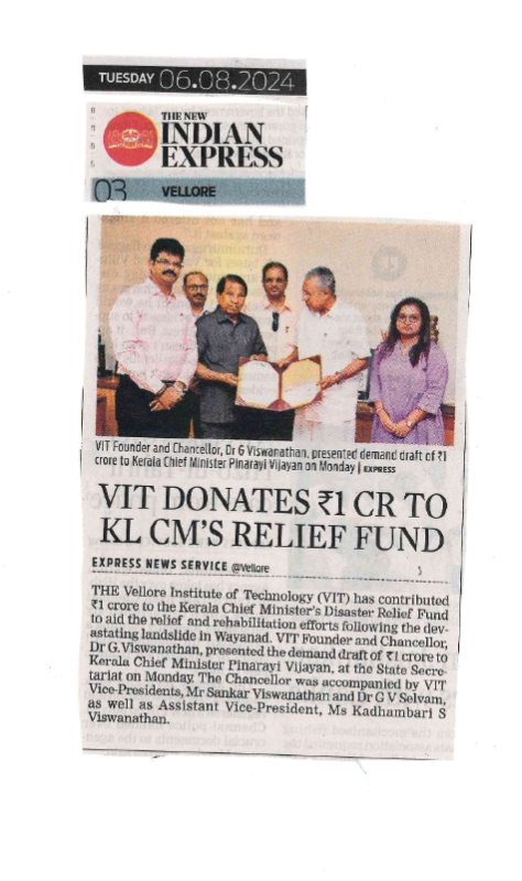 VIT donates Rs. 1 Crore to Kerala Chief Minister’s Distress Relief Fund